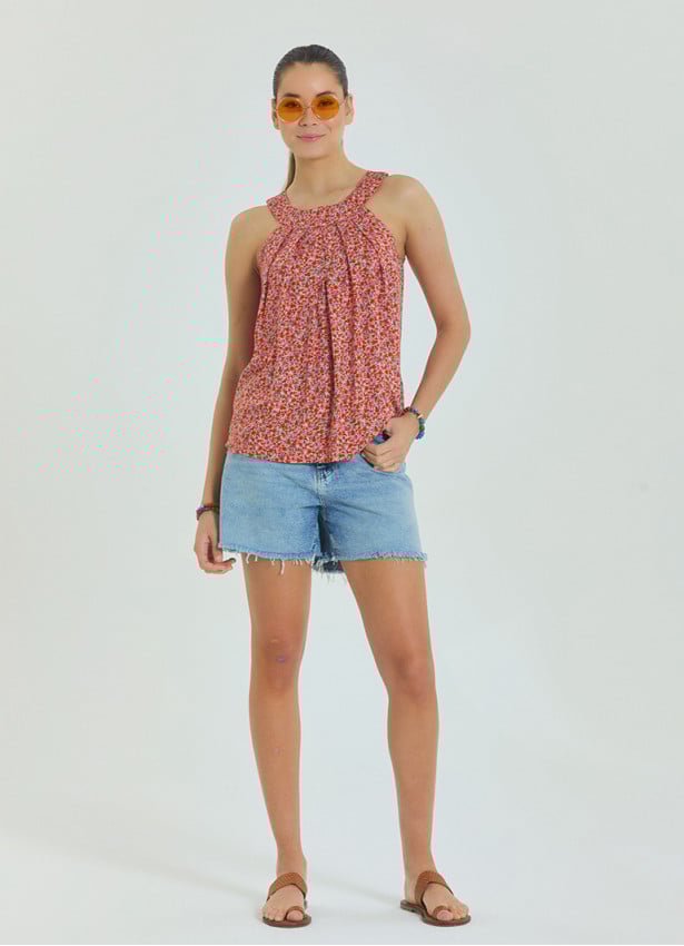 Halter Neck Button Detail Pleated Pink Floral Blouse 4675